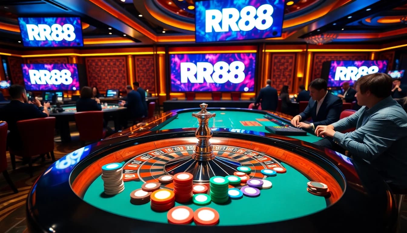 RR88 showcases excitement at a luxury casino table with poker chips and roulette wheel.