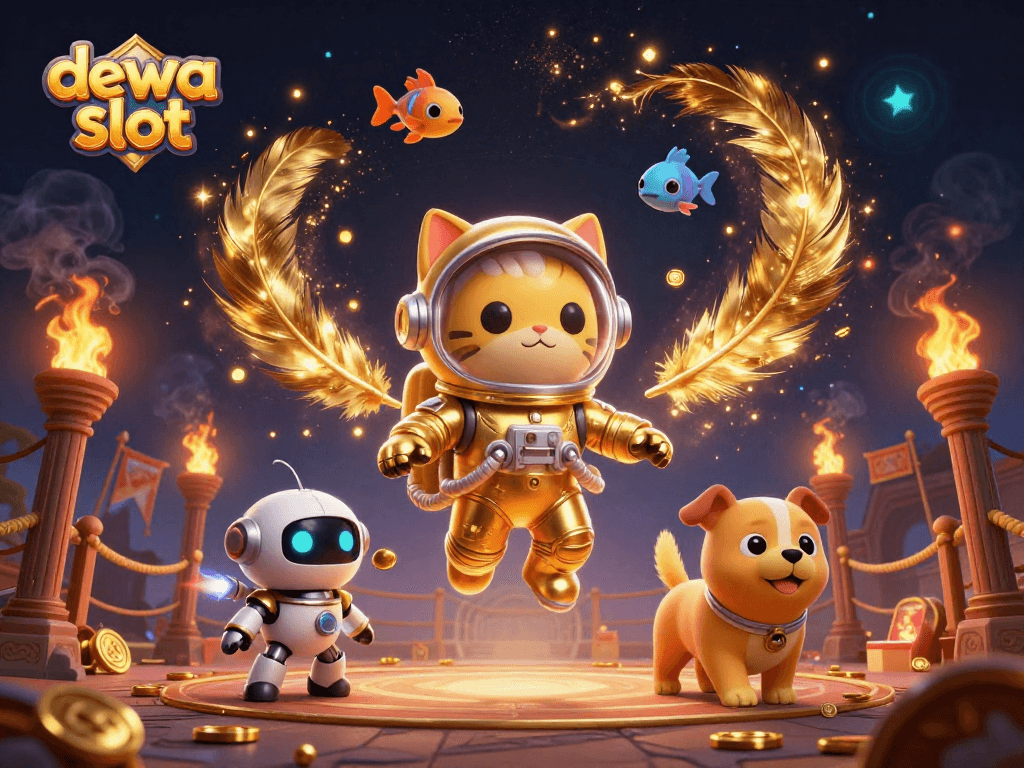 Bermain dewa slot dengan karakter unik dan suasana kasino yang dramatis dalam ilustrasi 3D yang memukau.