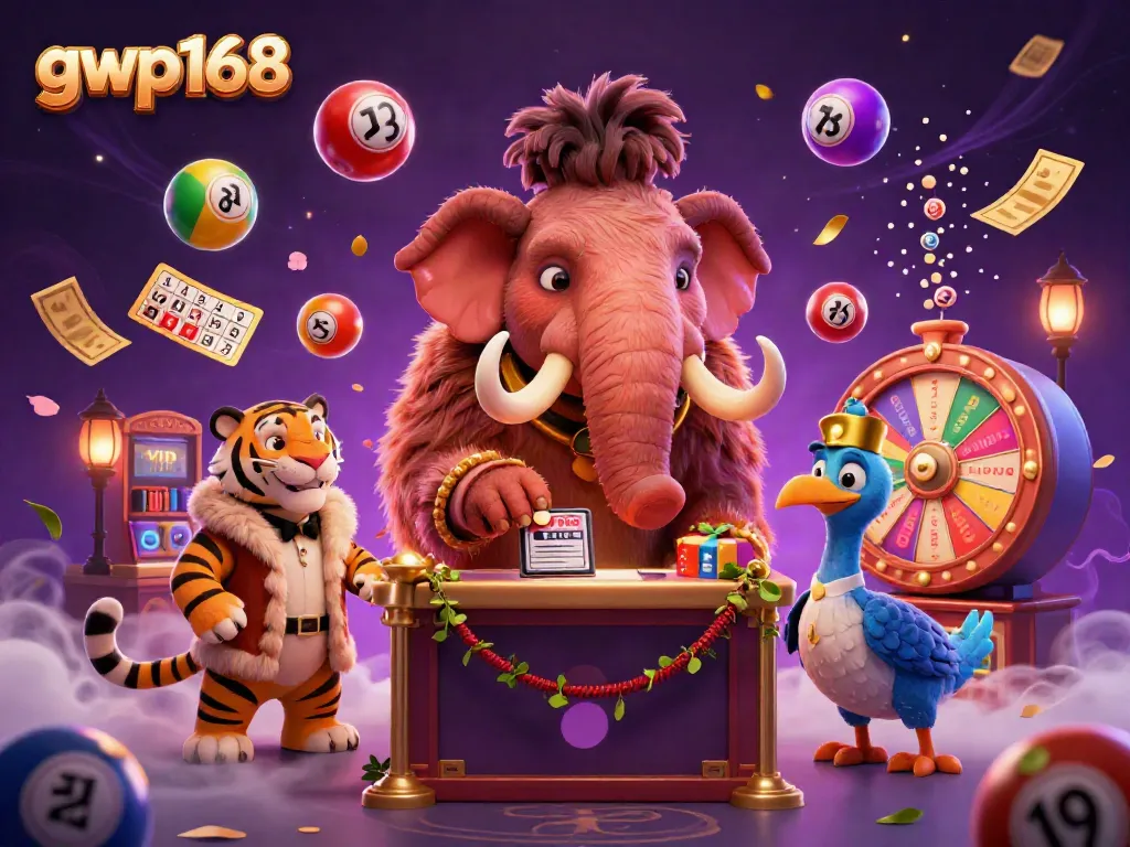 Rak permainan slot gwp168 menampilkan raja slot kartun dan bouncer kasino yang memeriksa ID untuk tamu VIP.