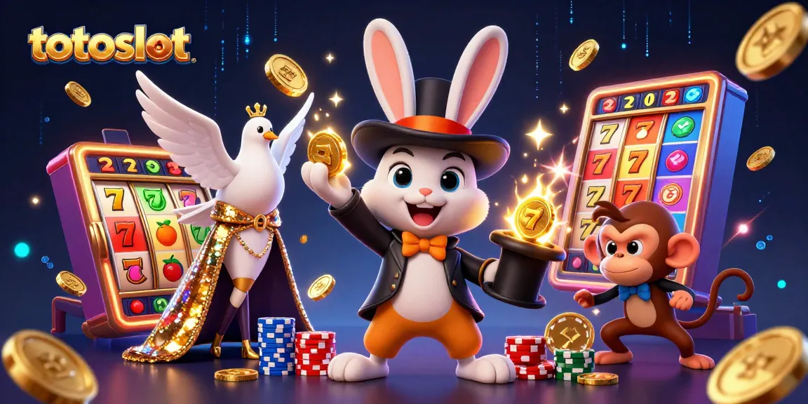 Totoslot game highlights with a magician rabbit and slot reels, showcasing engaging gaming adventures