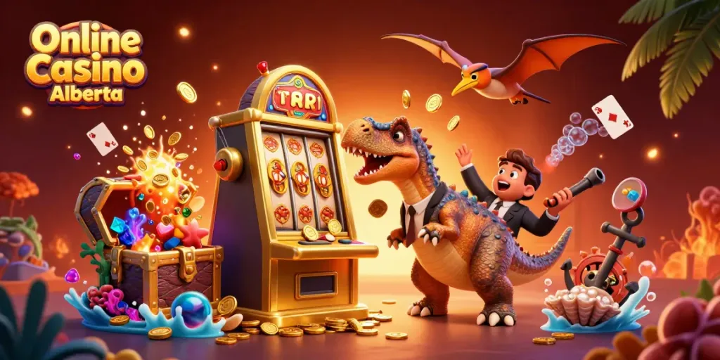 Experience big wins at Online Casino Alberta with a dinosaur-themed jackpot scene.