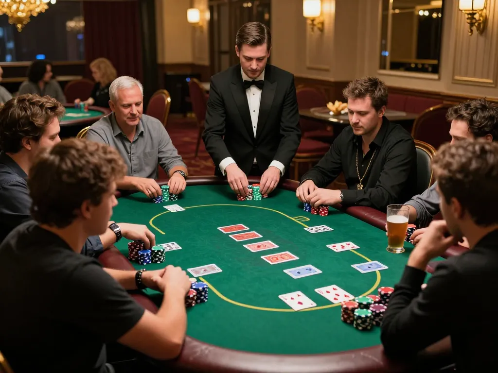 Engaged players at a poker table strategizing their bets in the kp88 casino environment.