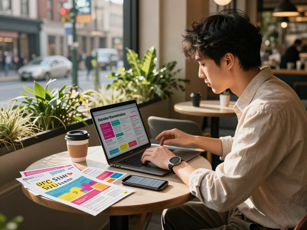 Marketing professional analyzing campaign metrics in an urban café, klik di sini for latest strategies.