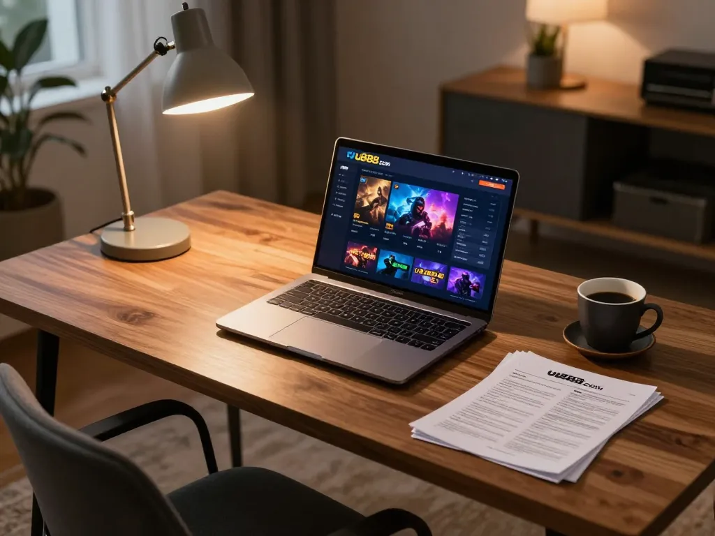 Engage with u888 com on a stylish gaming laptop in a cozy home office setting