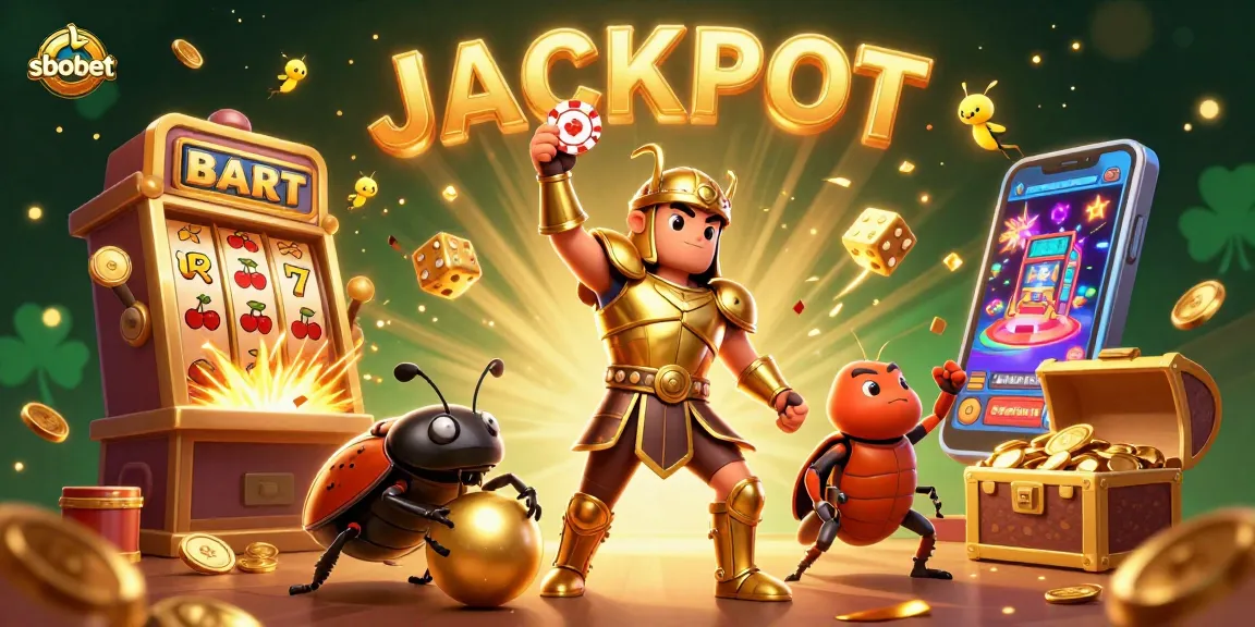Experience sbobet's exciting jackpot thrills with a lively illustration of beetles celebrating a win.