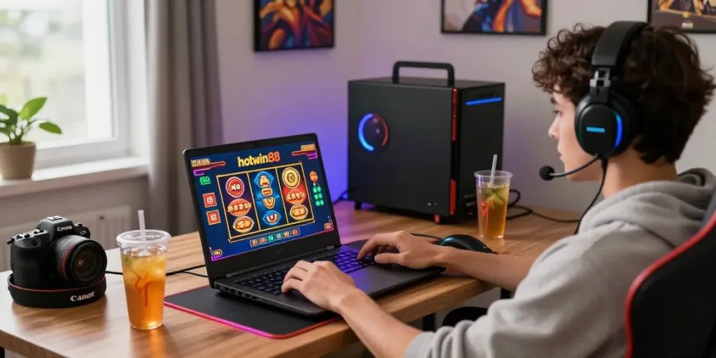 Online gamer enjoying hotwin88 in a modern setup with vibrant lighting and accessories.