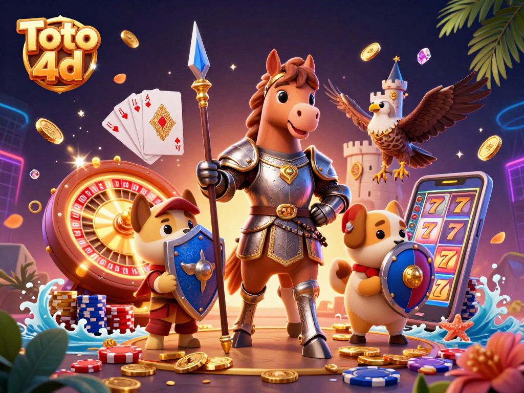 Toto 4d themed illustration showcasing a medieval knight horse, squire puppy, and falcon amidst flying casino coins and glowing gems.