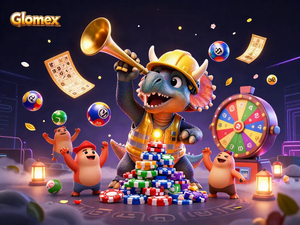 Engage with Glomex casino excitement as a triceratops builds poker chip towers amidst vibrant game elements.