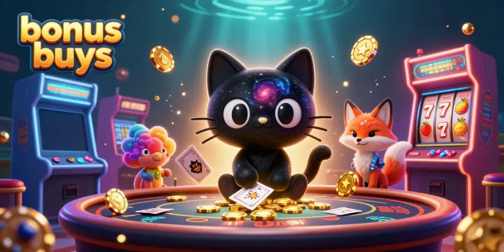 Experience the thrill of bonus buys with a cosmic cat assembling a colorful casino scene.