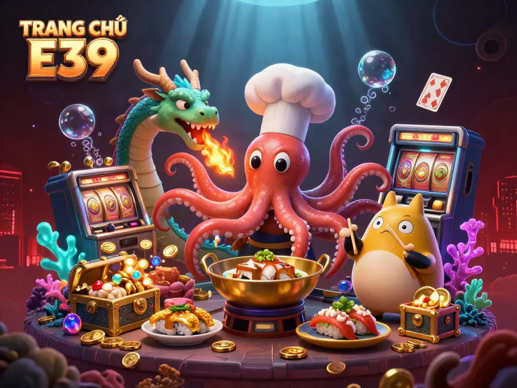 Experience the excitement of TRANG CHỦ E39 with a vibrant casino-themed underwater scene featuring a sushi chef octopus and game elements.