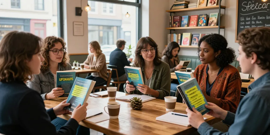 Passionate readers at https://tallengreenfield.com discussing UFOnauts, surrounded by spiritual literature.