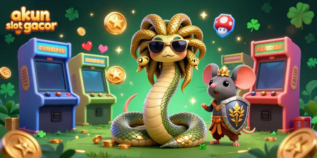 Engage with akun slot gacor in this vibrant casino scene featuring Medusa and a warrior mouse.
