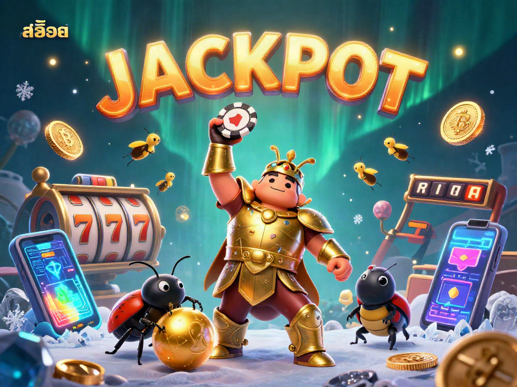 Experience the excitement of สล็อต with a vibrant illustration depicting a victorious beetle amidst casino elements.