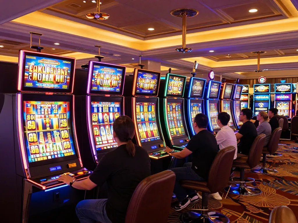IDNSCORE players enjoying the excitement of vibrant slot machines in a modern casino.