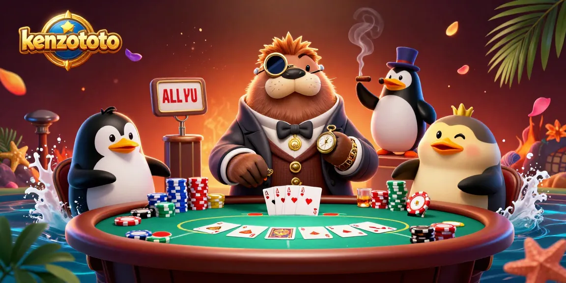 Kenzototo site illustration with a jolly walrus playing poker underwater, showcasing vibrant casino elements