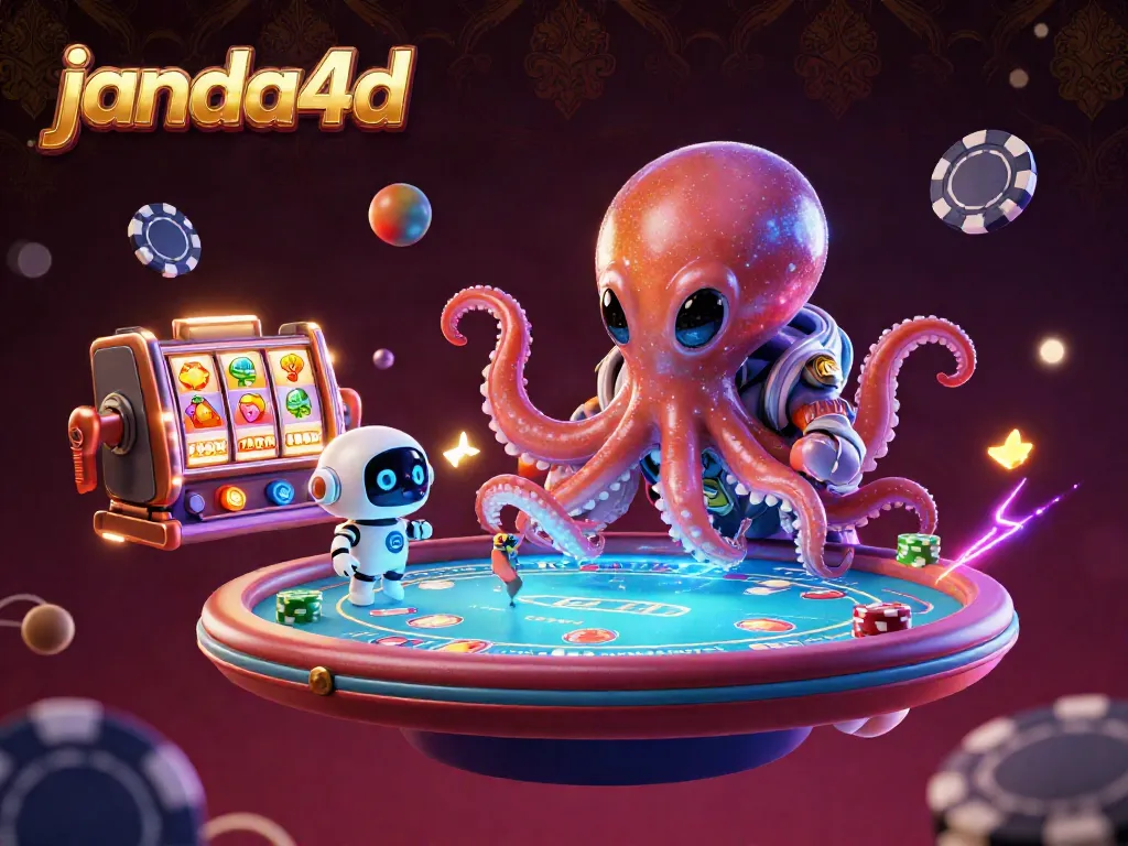 janda4d menampilkan karakter kartun alien sambil bermain poker di meja holografik yang futuristik.