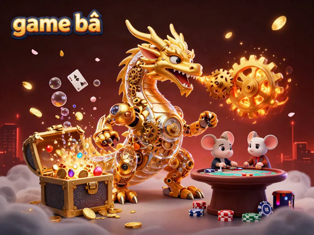 Engage in thrilling game bài action as the golden dragon breathes gears, surrounded by sparkling poker elements.
