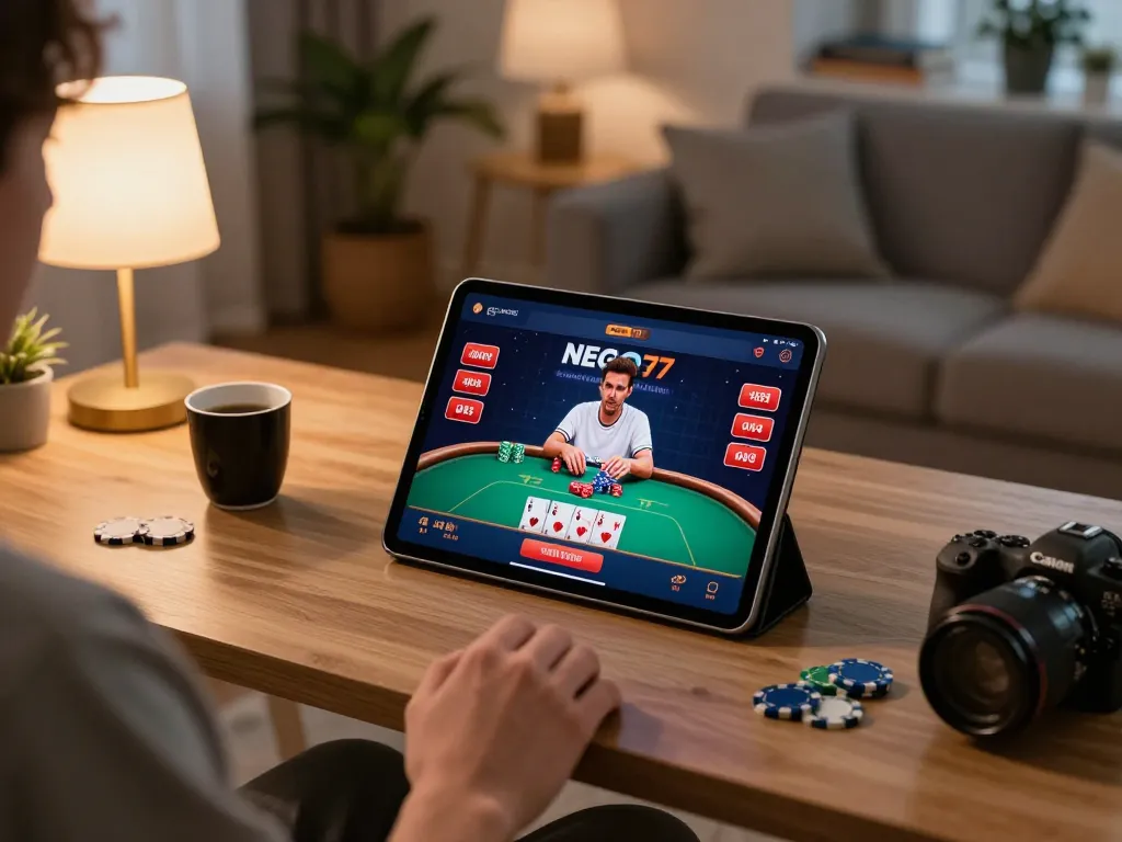 Nego77 online casino setup with player engaged in poker at home