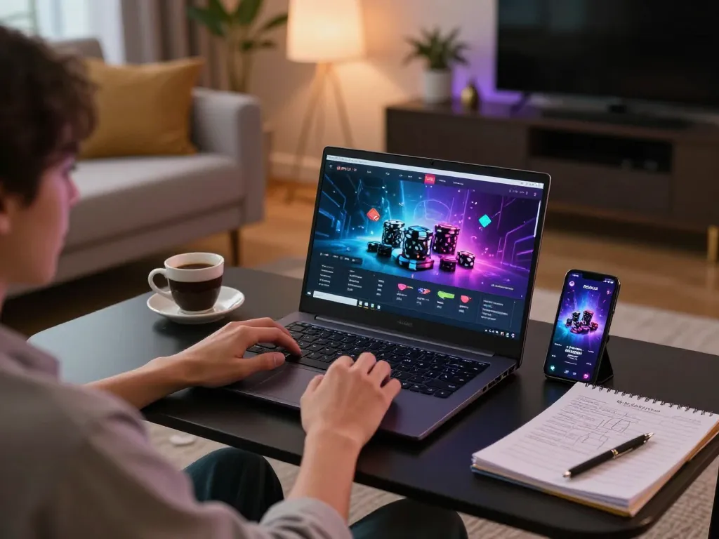 Engaged gamer exploring LGOLUX online gaming platform at a cozy home setup