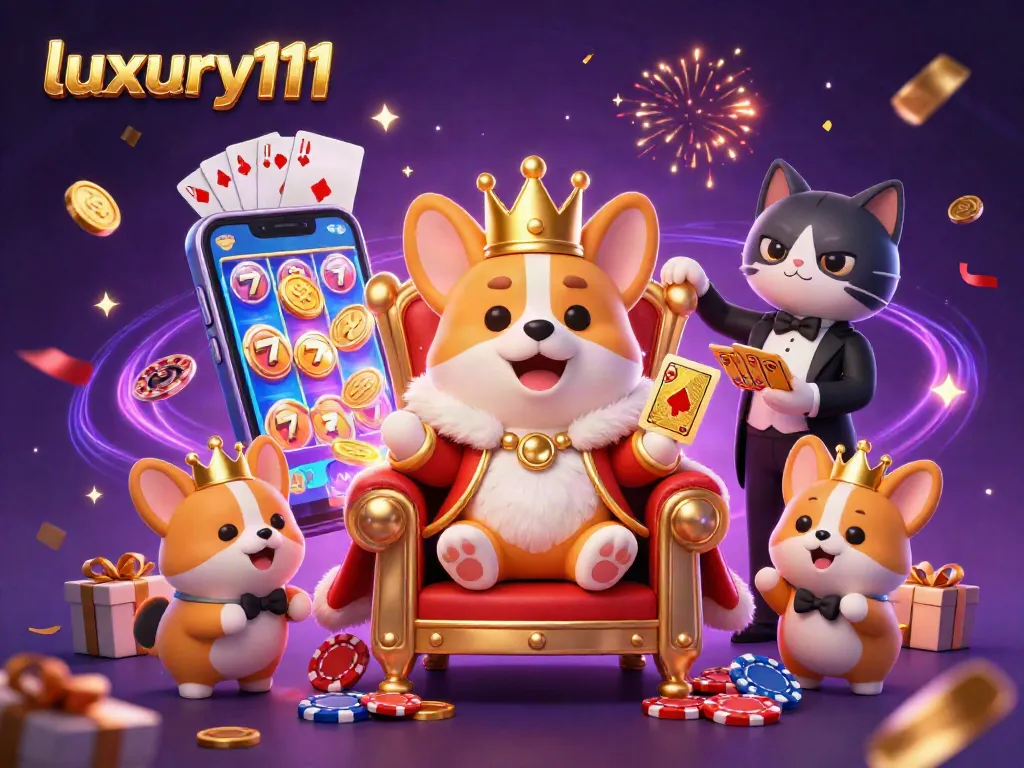 Experience luxury111 with royal corgis and dynamic slots action in a vibrant casino setting.