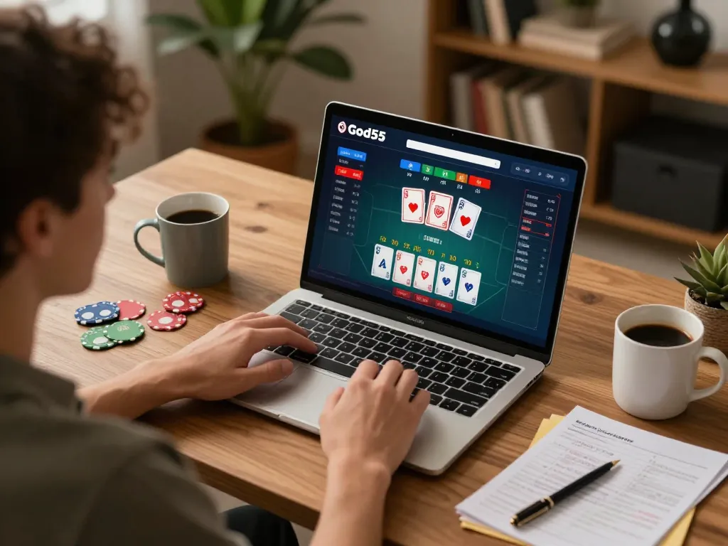 Engaging in exciting blackjack gameplay on God55's platform while enjoying a cozy home environment.