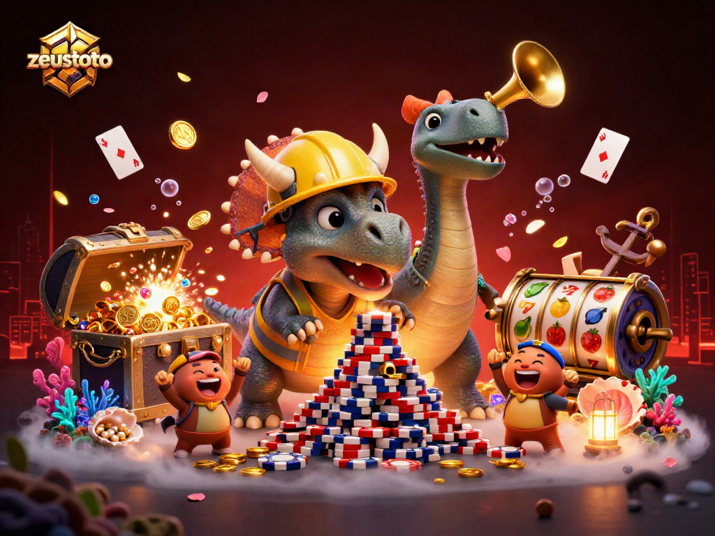 zeustoto revels in a vibrant casino scene featuring a triceratops and celebratory characters amidst rich gaming elements.