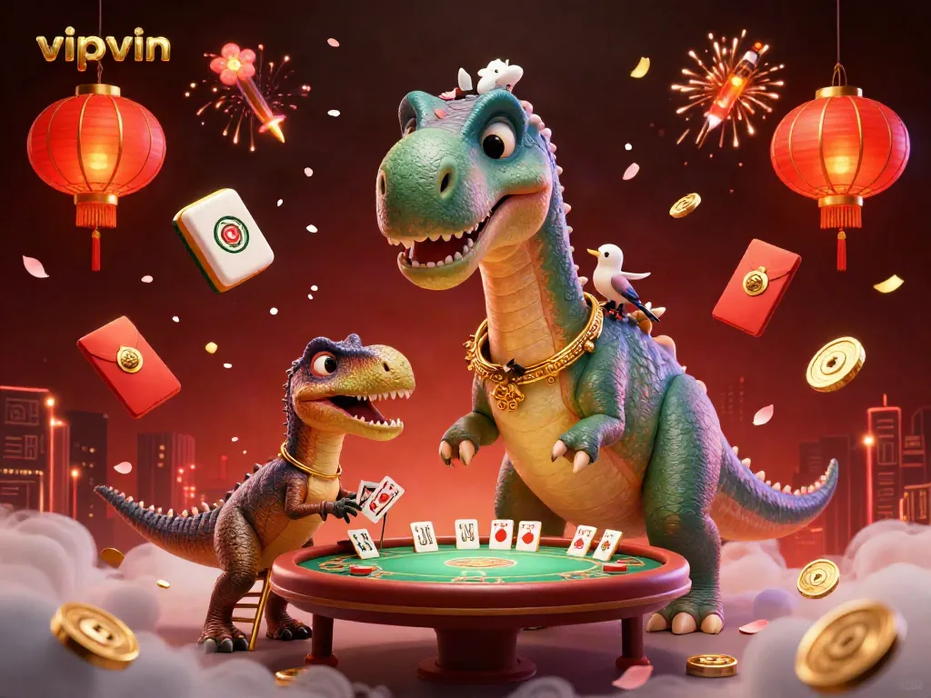 Experience the fun of vipvin as a clever raptor deals cards at a whimsical casino scene.