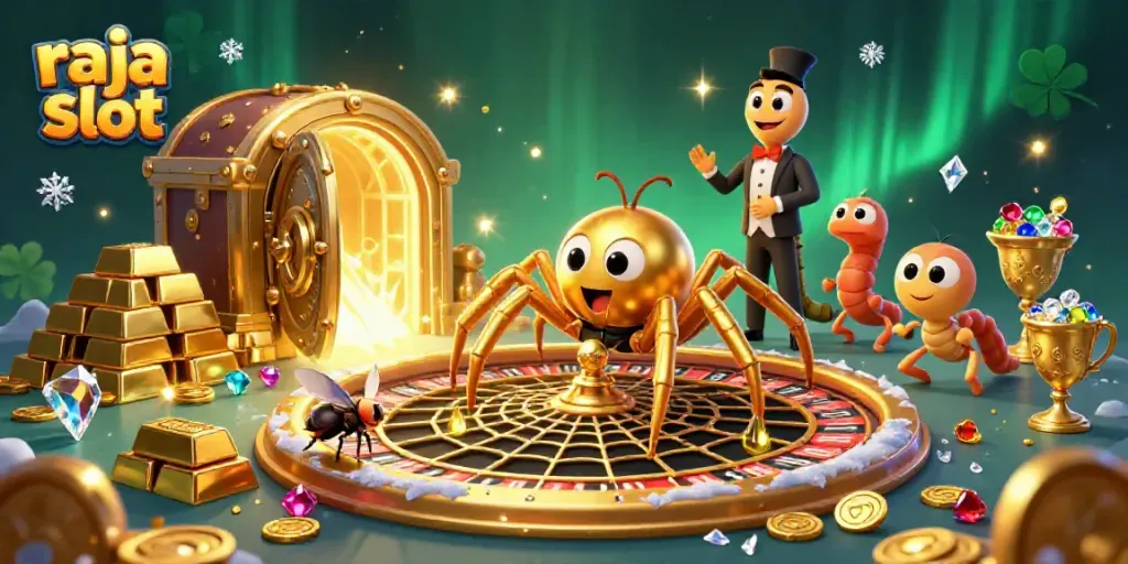 Berinteraksi dengan raja slot, laba-laba emas yang menciptakan jaringan roulette berkilau di kasino!