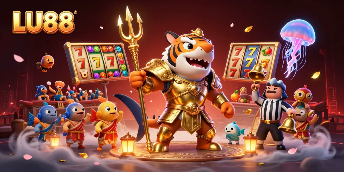 Experience thrilling gameplay in LU88 with a dynamic underwater scene of a tiger shark in gladiator armor.