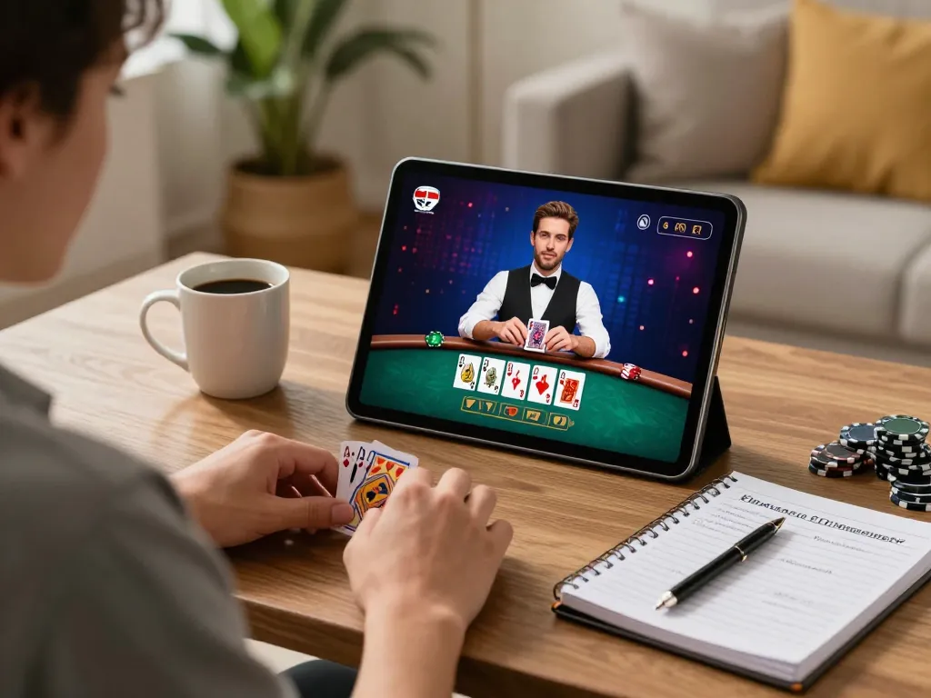 Engaging in live dealer blackjack on LGOLUX, showcasing strategic gameplay in a cozy home environment.