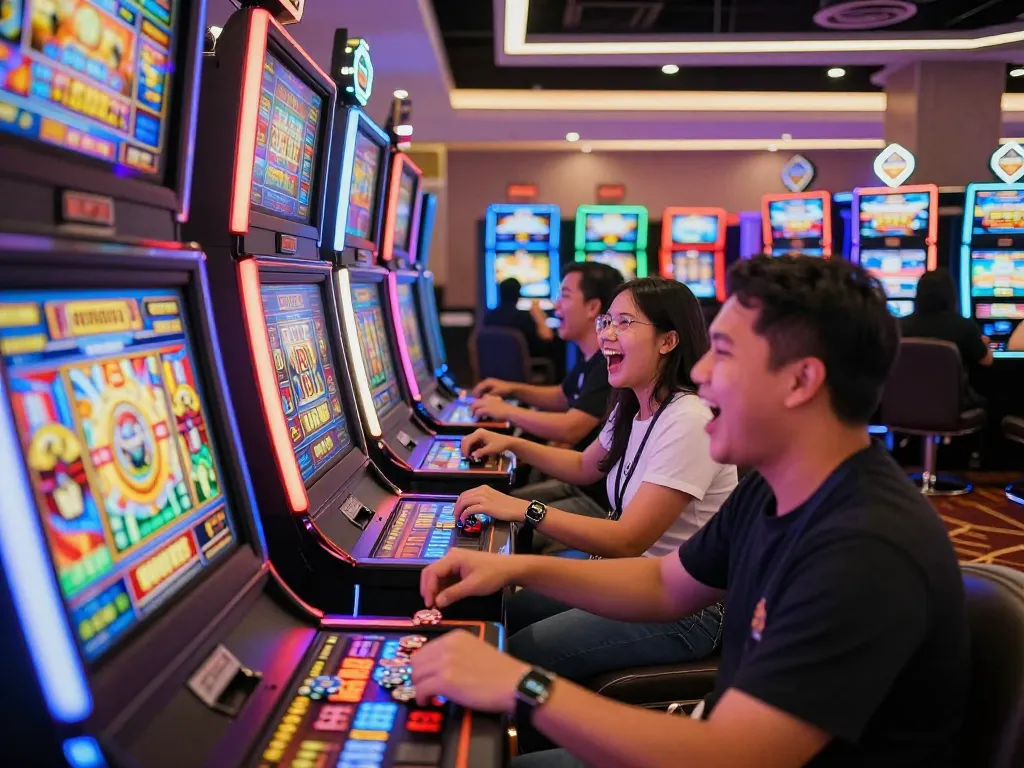 Players engaging in electrifying situs slot games at a vibrant casino with colorful machines.