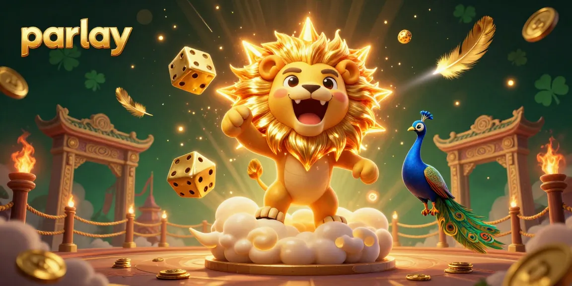 Experience thrilling parlay betting with exciting gold dice and a roaring lion in a dynamic scene.