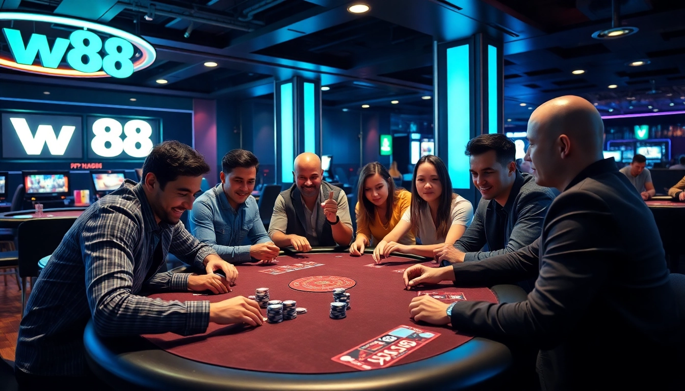 Engaging scene of players participating in w88 sports betting amidst a lively casino atmosphere.