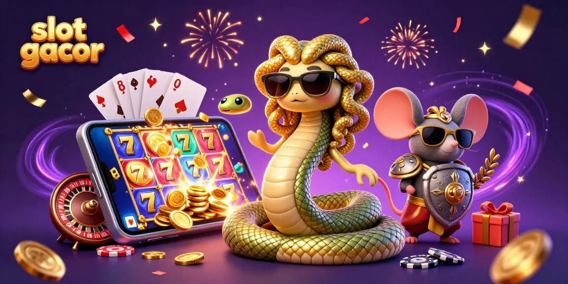 Experience thrilling slot gacor action with cute Medusa and casino elements in a vibrant 3D illustration.