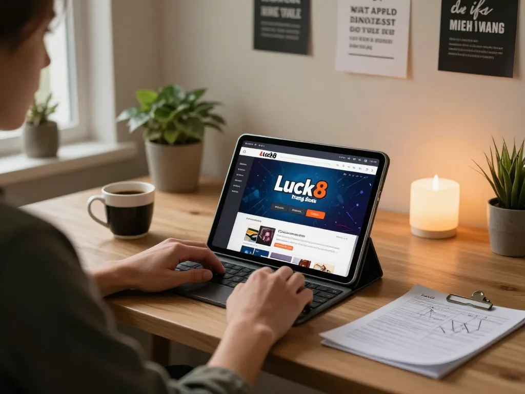Engaging with Luck8 trang chủ interface from a modern home gaming setup, promoting strategic online gambling.
