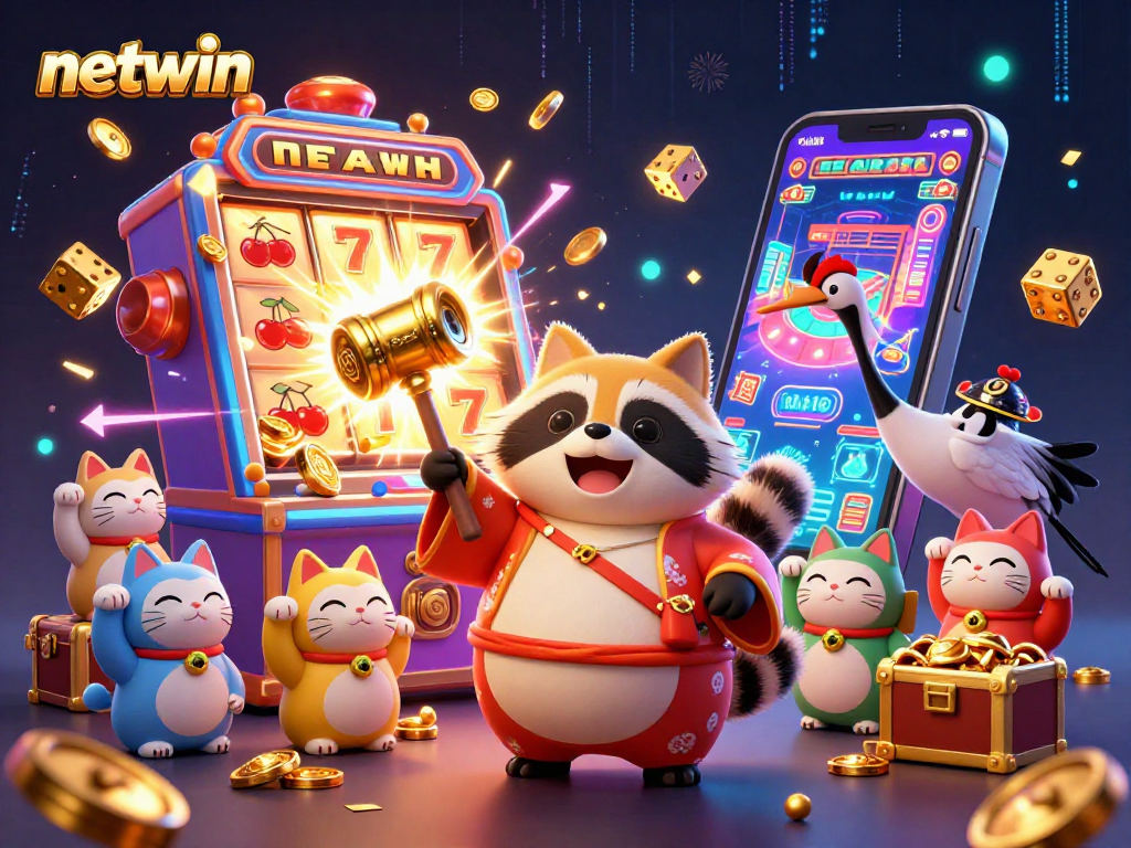 Engage with the vibrant netwin scene showcasing fortune cats and a lucky tanuki at the online casino.