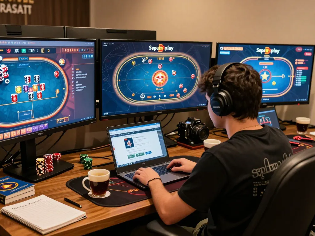 Engaged player strategizing at professional setup using Sepuhplay link for online casino games.