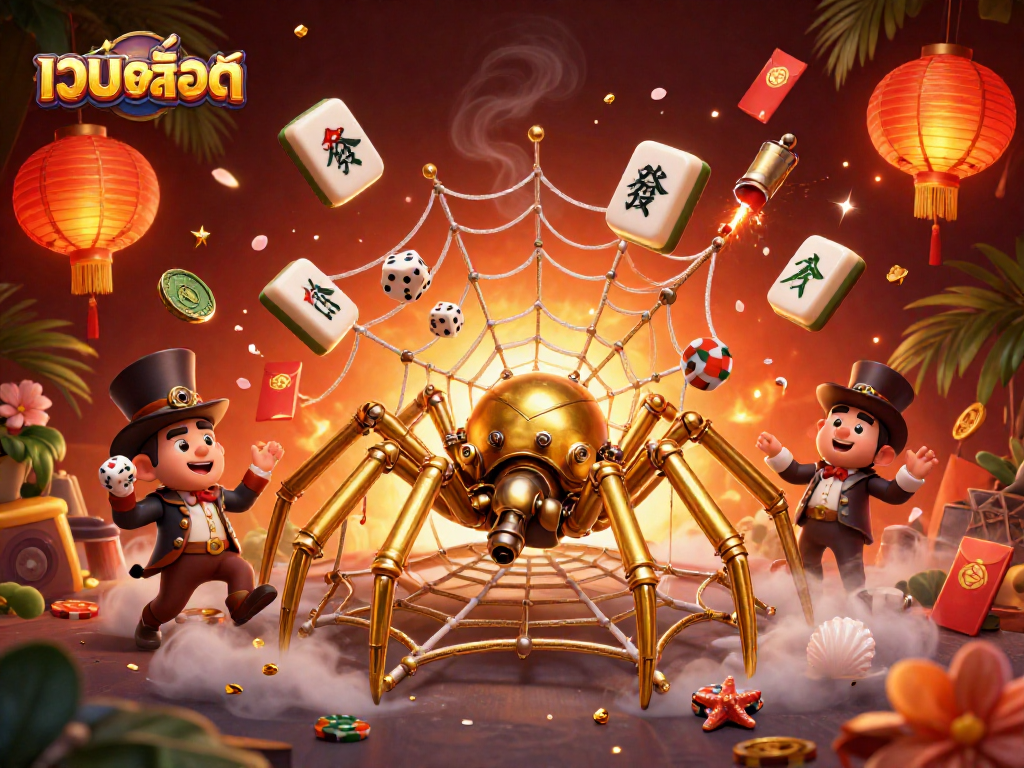 Play เว็บสล็อต and enjoy a vibrant casino scene with the golden spider and entertaining elements.