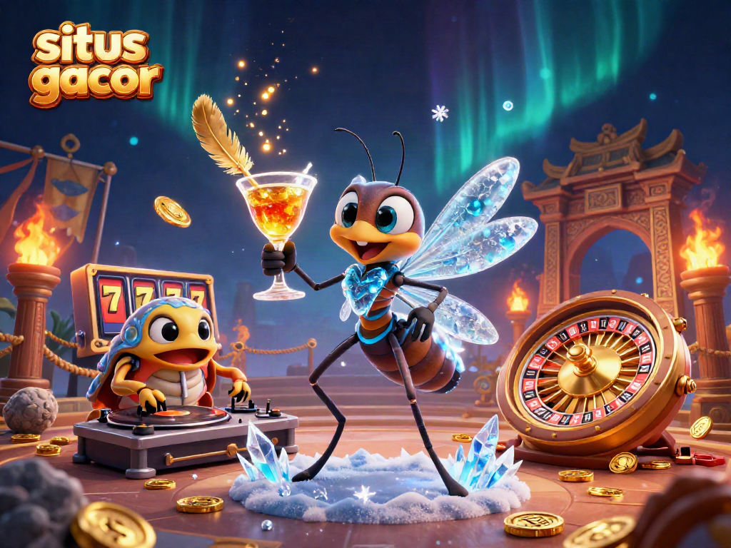 Engage with the situs slot gacor experience featuring a vibrant 3D scene with unique gambling characters.