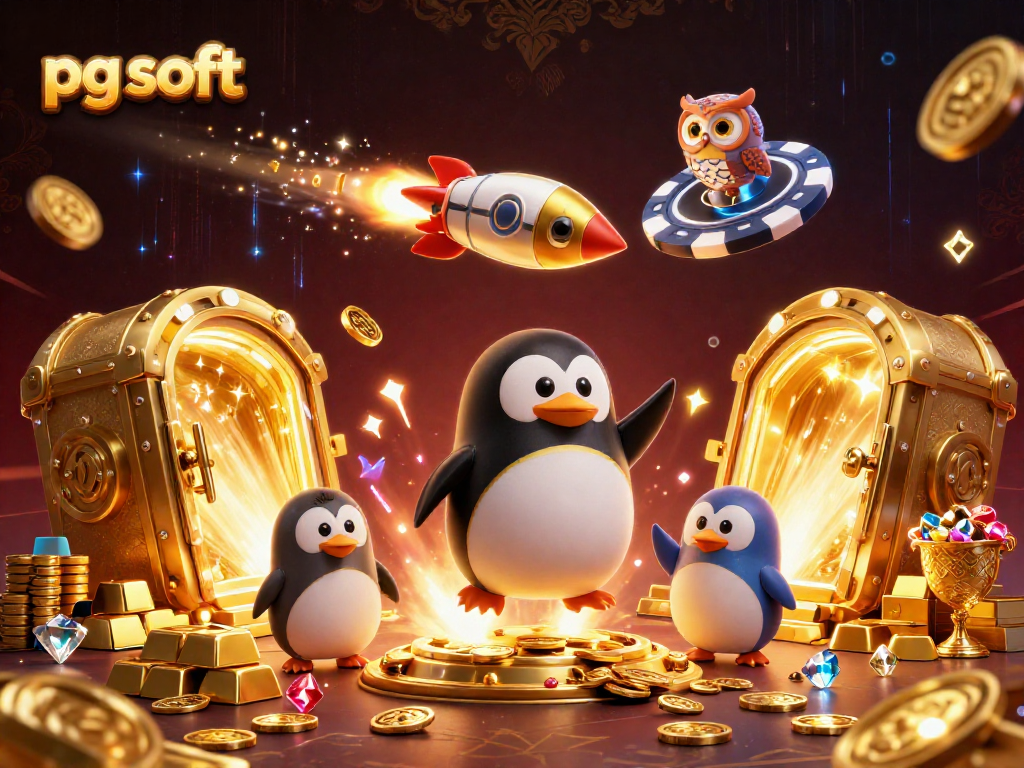 Experience the excitement of pg soft with a dazzling 3D scene of a golden penguin launching into a casino space adventure.