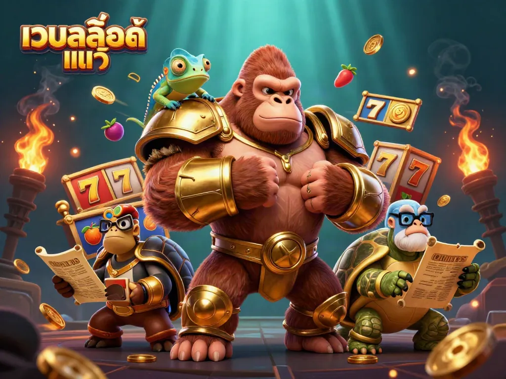 Engaging scene showcasing เว็บสล็อตแท้ with a powerful gorilla king and a wise tortoise in a vibrant casino atmosphere.
