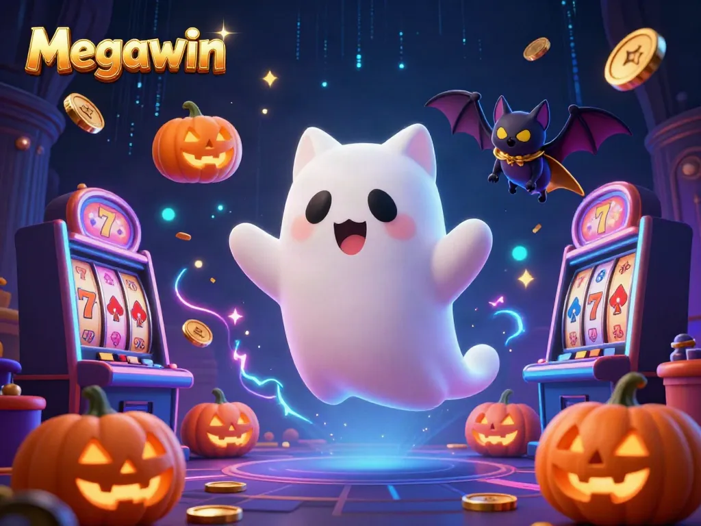 Megawin menghadirkan suasana bermain slot dengan karakter kucing hantu dalam kasino bertema hantu.