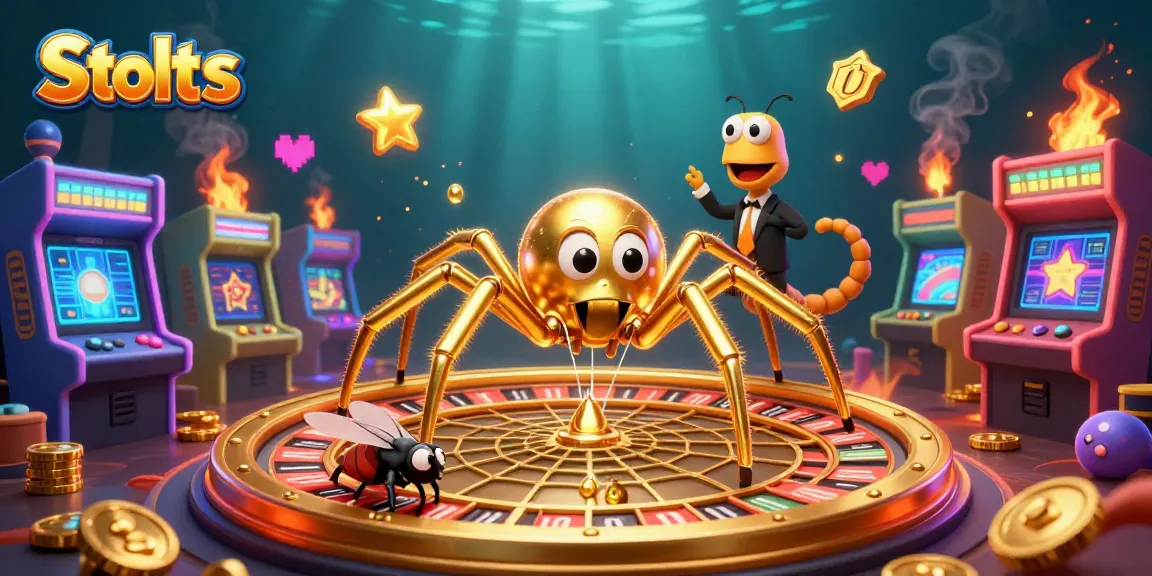 Spin vibrant Slots as a golden spider weaves a roulette wheel web in this lively casino scene.