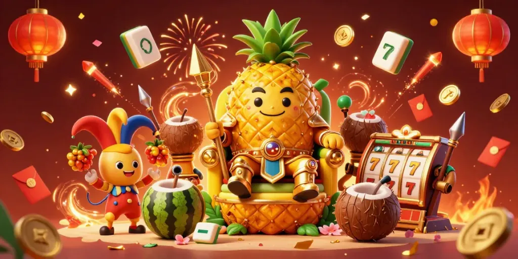 Permainan slot dengan raja nanas emas dan jester mangga di kasino pantai yang meriah.