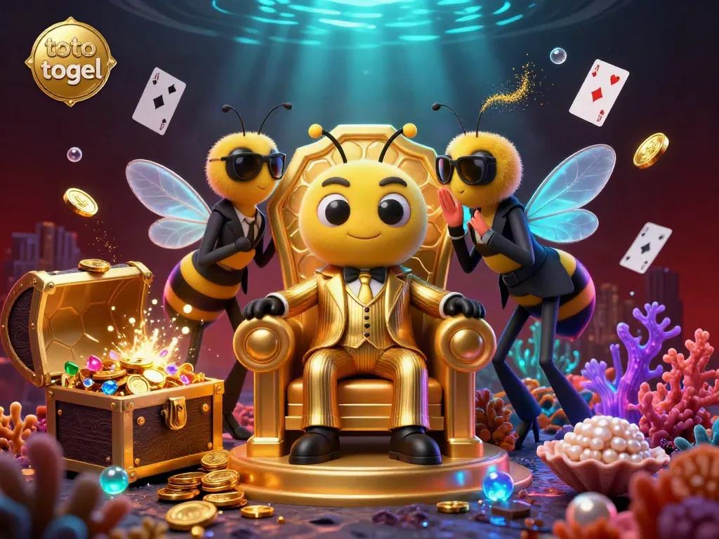 Experience the thrilling world of toto togel with a captivating scene displaying a cartoon bumblebee mob boss in a honeycomb throne and underwater treasures.
