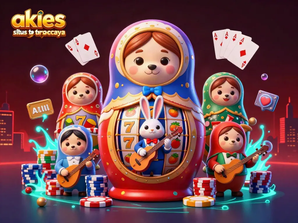 Akses situs slot terpercaya bersama beruang Matryoshka 3D dengan karakter dealer kasino di dalamnya.