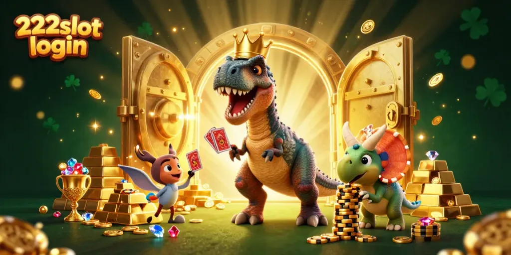 Gambaran 222slot login saat menikmati permainan kasino dengan karakter lucu dan elemen keberuntungan yang berkilau.