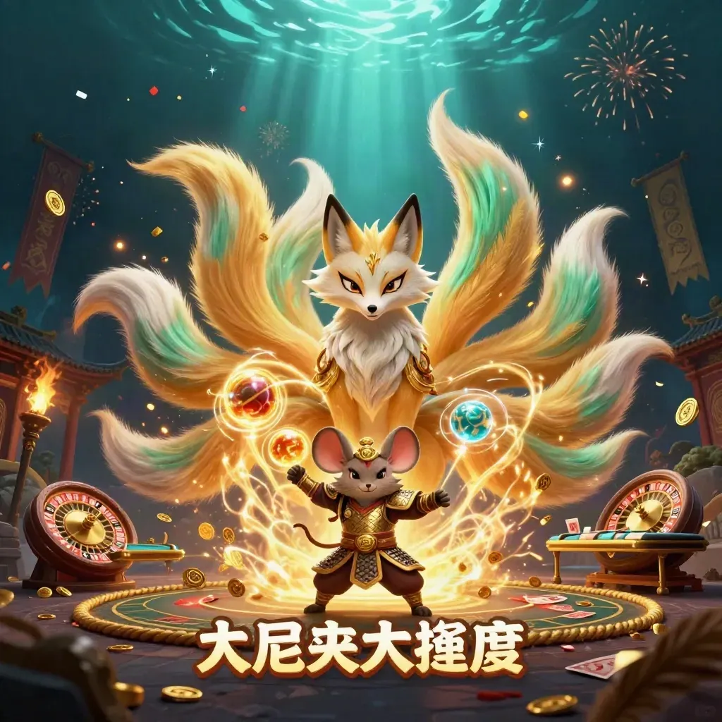 Nine-tailed fox spirit and samurai mouse amid gold coins, temple gate, and casino magic.