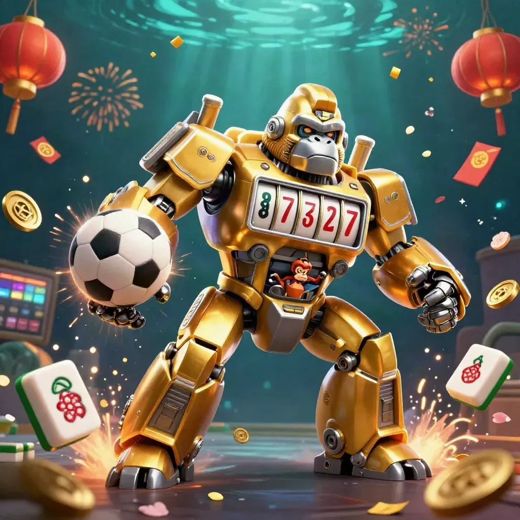 Golden gorilla mech with monkey pilot, flying sports balls, lanterns, coins, and casino sparkles.