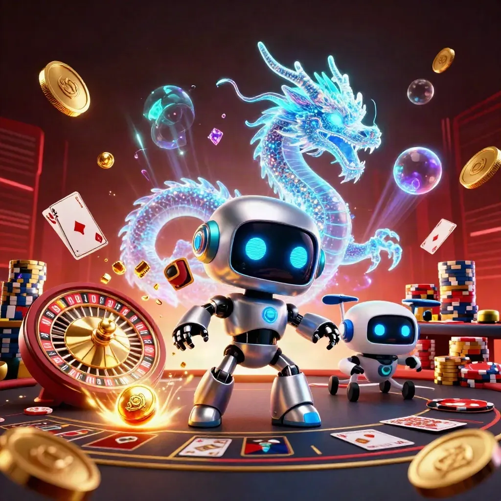 Cyberpunk robot, holographic dragon and drone amid casino gold, gems and neon light.